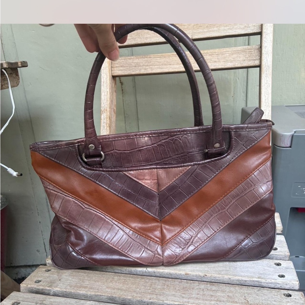 Brown and Tan Crocodile Pattern Handbag